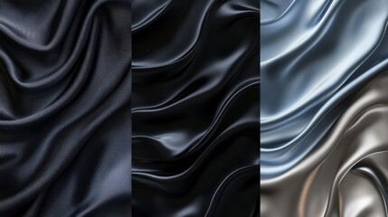 Processed collage of smooth elegant wavy deep black silk cloth fabric material texture. Background for banner, backdrop or texture for 3D mapping