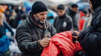 A humanitarian worker distributing blankets to a group of refugees waiting in line at a camp.