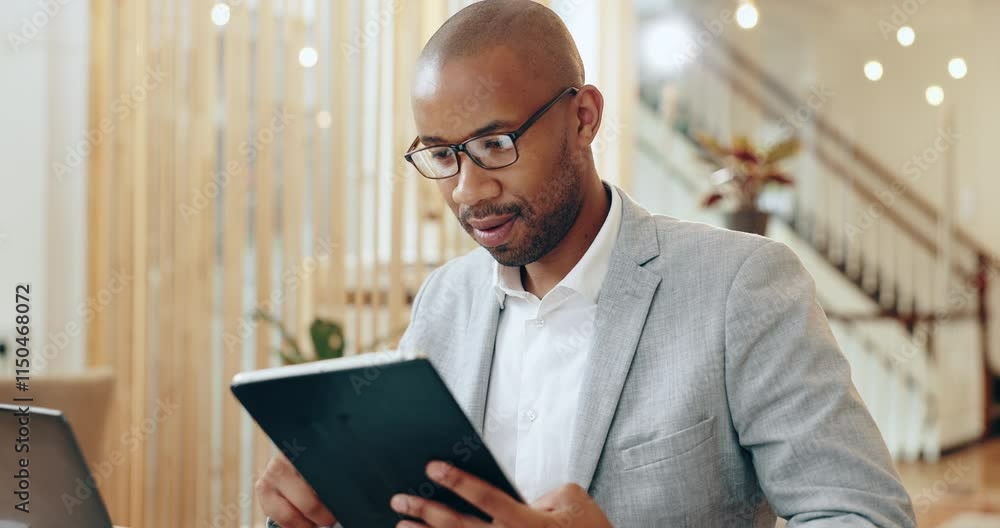 Poster app development, laptop and tablet with business black man in office for web design management or qu