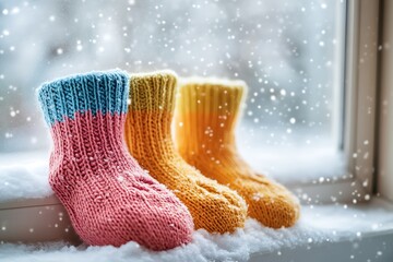 Knitted socks on windowsill during a snowfall, enjoying winter mood