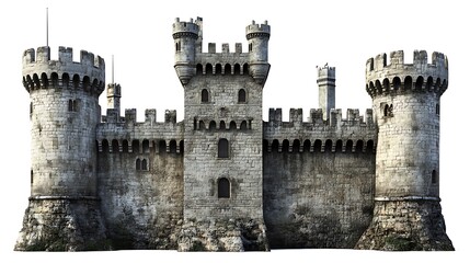 A stone castle with towers on white background.