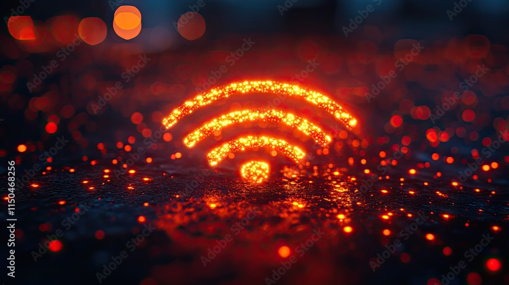 Wall mural wireless symbol and technology with internet network, neon bokeh background for connection, cyberspa