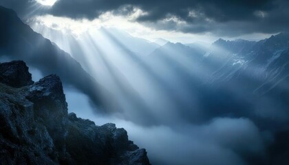 Obraz premium Majestic Mountain Peaks Basking in Divine Sunlight