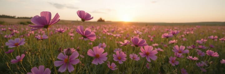 Obraz premium Pink cosmos flowers blooming in a vast field at sunset, plant, flower, background