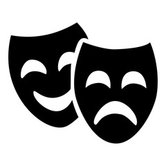 Black and white theatrical masks symbolizing comedy and tragedy on a transparent background.