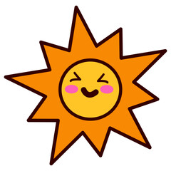 Cute illustrated sun with a smiling face, featuring bright orange rays and a cheerful expression, set against a transparent background.