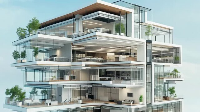 Modern architectural design showcasing multiple levels and open spaces in a contemporary office building