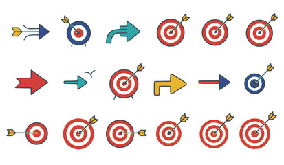 Target icon set aim goal business success arrow purpose sign symbol game challenge accuracy efficiency black flat design