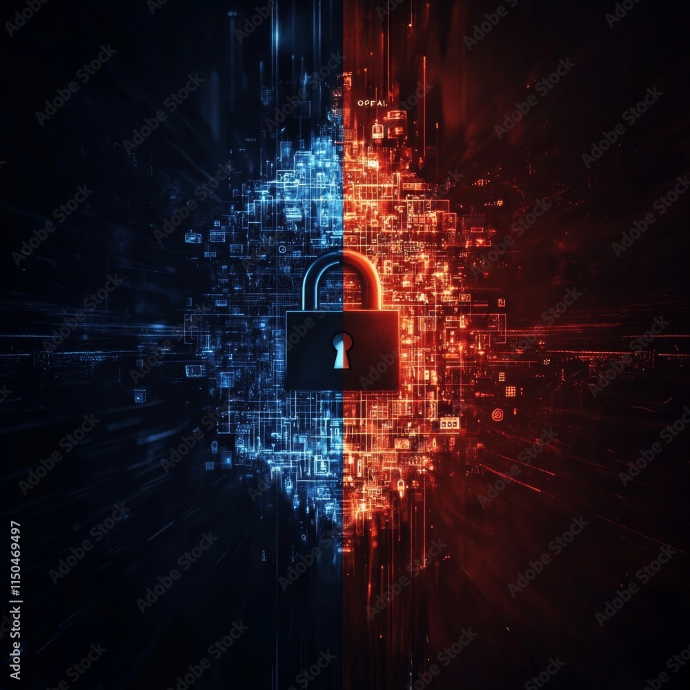 Poster digital security and privacy concept with a lock surrounded by blue and red abstract data elements r