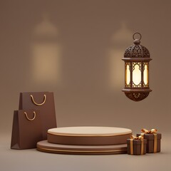 Arabian lantern and product display podium 3D rendering background. Concept of islamic celebration ramadan kareem or eid al fitr adha with blank space, bag, and gift box.