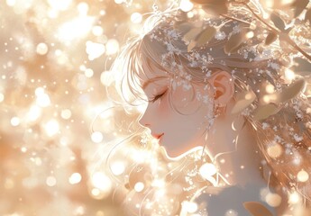 Soft Glow Surrounds a Young Woman With Flowers in Her Hair, Displaying a Serene Expression Against a Sparkling Background of Light and Colors