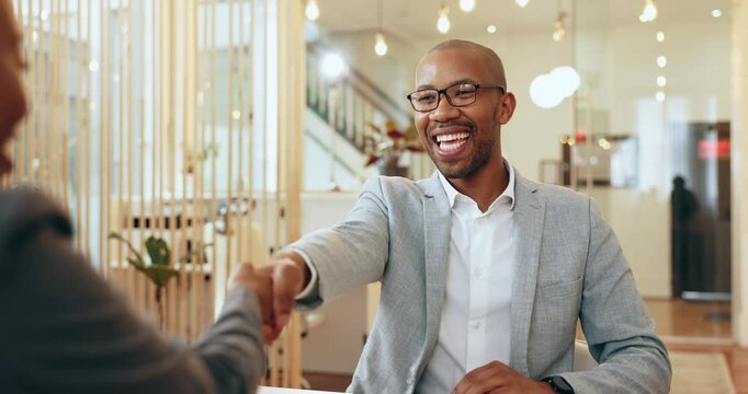 Smile, business man and shaking hands in interview for hiring, deal and welcome. African team, happy and handshake in office with hr manager for contract agreement, recruitment offer or negotiation