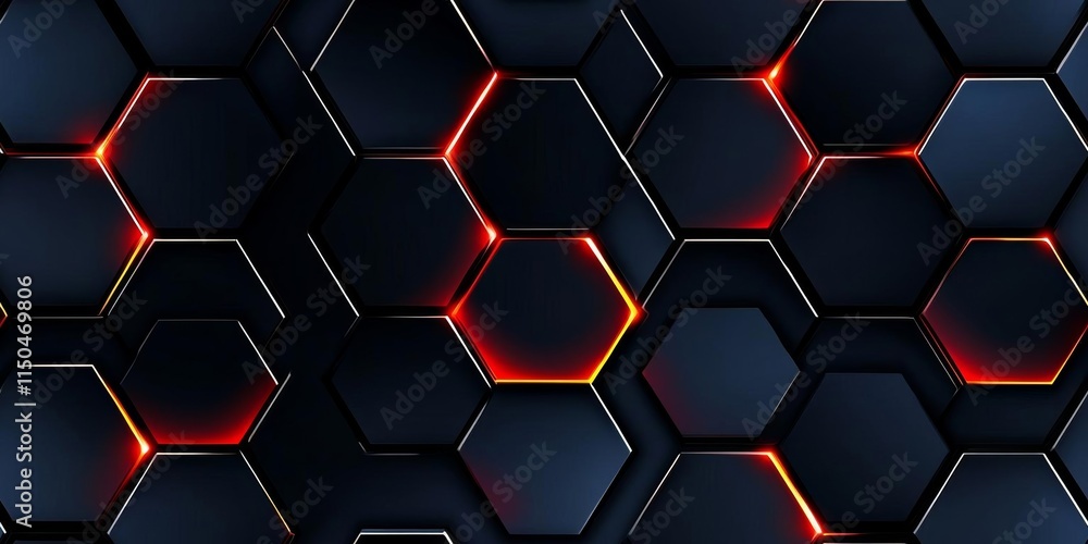Poster minimal photostock of a abstract black grey metallic overlap red light hexagon mesh design modern lu