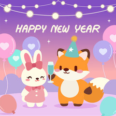 Adorable illustration of a fox and bunny celebrating New Year with festive balloons, string lights, and a cheerful atmosphere in a vibrant cartoon style.