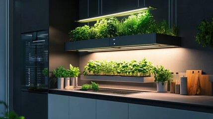 Modern kitchen with illuminated indoor herb garden.