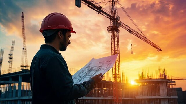 A lone engineer at sunset on a construction site, reviewing blueprints, with towering cranes and unfinished buildings in the background