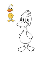 A fun duck-bird coloring page featuring a cute, plump duck with fluffy feathers, webbed feet, and a bright beak, surrounded by simple nature elements like grass and water.