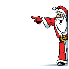 Cartoon Santa Claus or Father Christmas peeking around corner and pointing sign board. Vector on transparent background