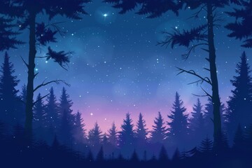 Naklejka premium Silhouetted Pine Trees Against a Starry Night Sky