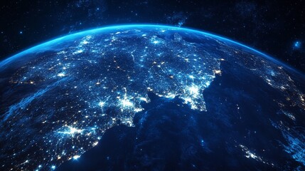 Fototapeta premium Vibrant City Lights Illuminate Earth's Surface at Night, Showcasing the Intricate Web of Urban Life and Nature From a Stunning Vantage Point Above