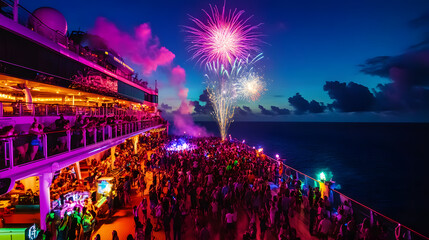 Fototapeta premium A massive cruise ship deck party celebrating New Year 2025 with fireworks over the ocean.