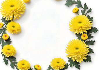 Obraz premium Chrysanthemum Floral Wreaths Surround Yellow Flowers On A White Background With A Clear Area For Text.