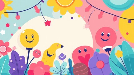 Colorful happy characters in a whimsical garden background vibrant digital illustration cheerful atmosphere