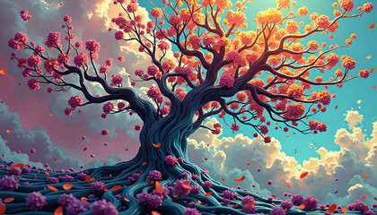a painting of a tree with flowers in the sky