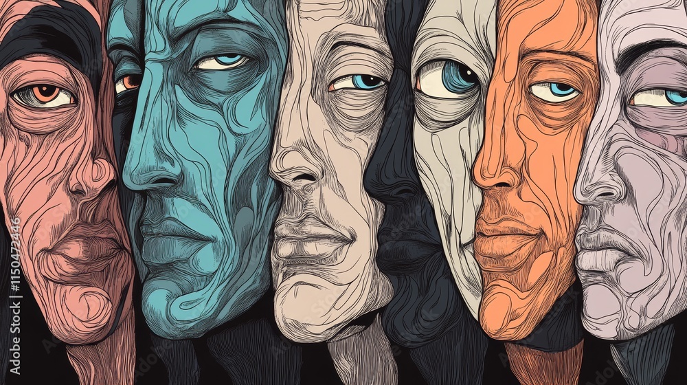 Poster Abstract Artwork Featuring Six Diverse Faces With Intricate Designs and Varying Expressions Showcasing Emotion and Identity in a Unique Style