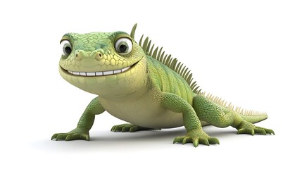 Fototapeta premium A cartoonish green lizard with big eyes sits on a white background.