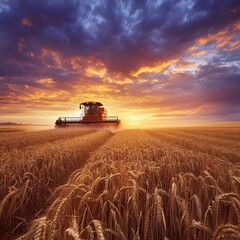 Obraz premium Harvesting Wheat at Sunset With a Combine Harvester in a Golden Field Under Dramatic Skies