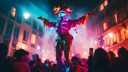 A performer on stilts towering above the crowd wearing an extravagant costume with glowing LED details.