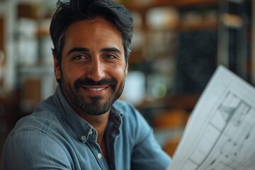 Obraz premium A confident businessman smiles while holding a blueprint in a modern office setting, showcasing positivity and teamwork.
