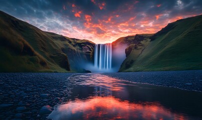 Waterfall with a twilight sky that transitions from deep blues to fiery oranges