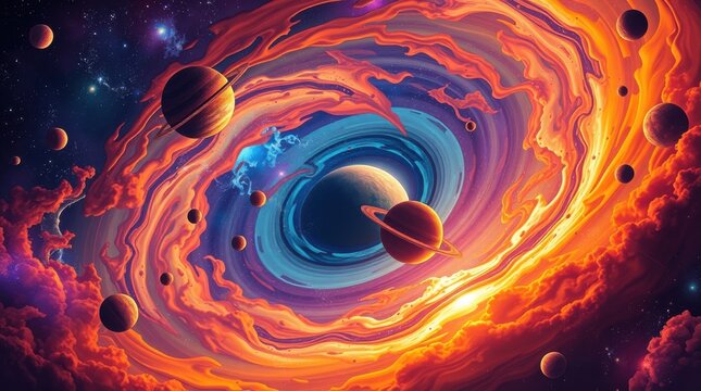 Cosmic event of planets orbiting a central black hole outer space background digital art vibrant colors stunning viewpoint