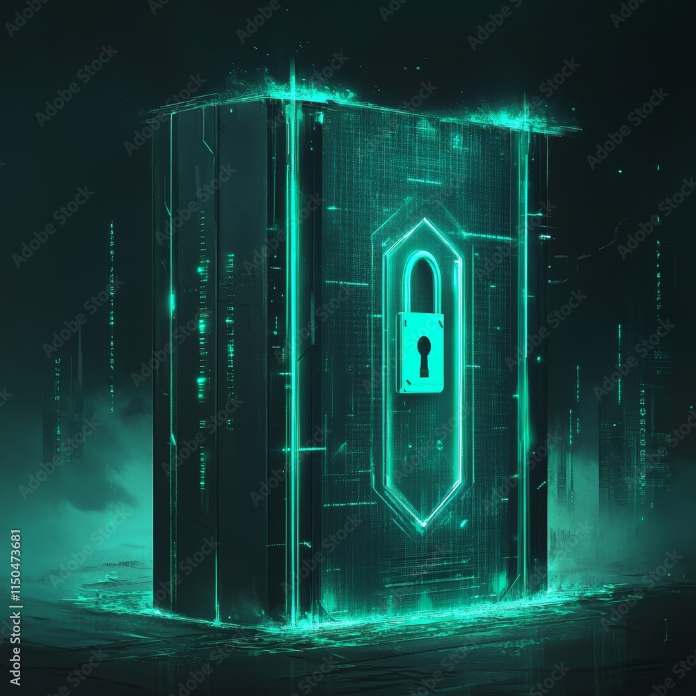 Poster digital safe with a glowing lock design and cybernetic elements in a dark environment emphasizing se