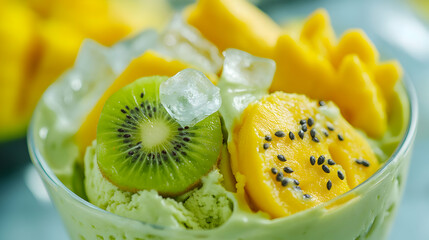 Delicious and Refreshing Bowl of Ice Cream with Fresh Tropical Fruits including Kiwi and Mango
