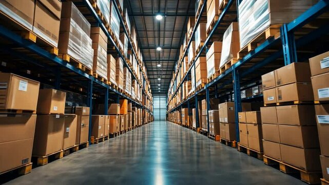 A smoothly operating warehouse, where workers handle boxes with speed and precision, aided by efficient storage and retrieval systems
