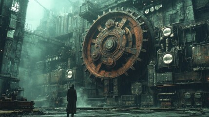 Fototapeta premium A solitary figure stands before a massive, rusted industrial gear in a misty environment.