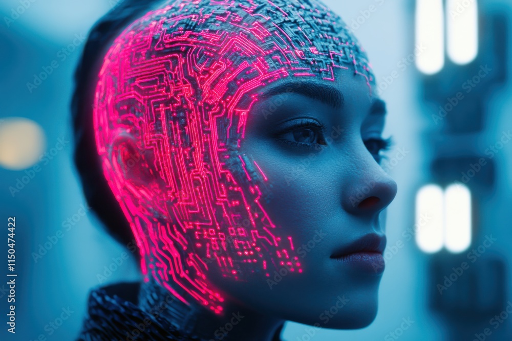 Poster close-up view of an ai chip on a human face displaying intricate circuitry patterns with cool toned 