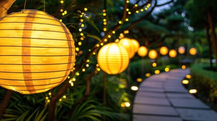 Fototapeta premium Warm golden lanterns line the garden path, creating a serene and inviting nighttime atmosphere