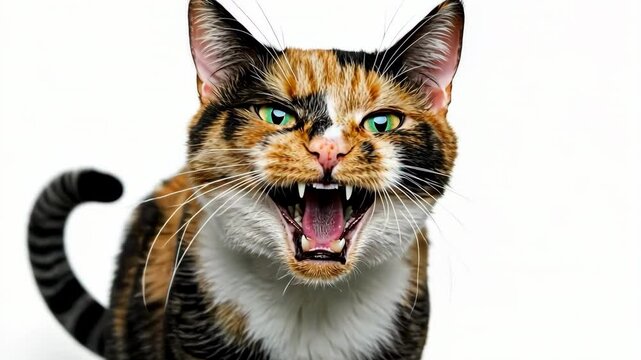 Angry cat isolated on white. Calico British shorthair cat portrait looking serious. Grumpy kitten seated. Striped furious cat with a unhappy dissatisfied face. Feline giving you a disdainful look