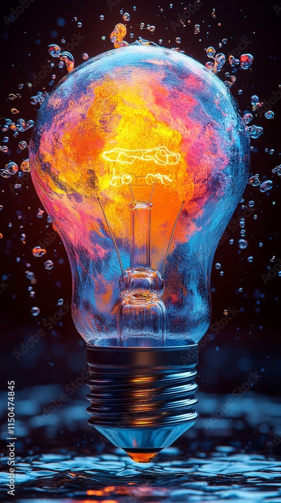 Poster colorful bulb emits vibrant light while submerged in water, creating a stunning visual effect with s