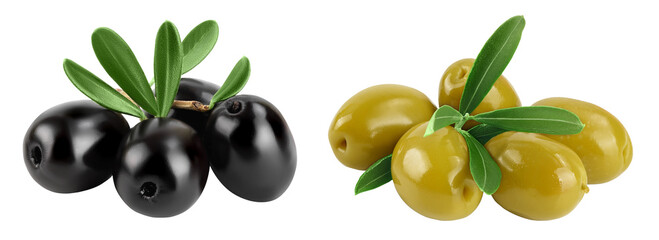 Black and green olives with leaves isolated on a white background with full depth of field.