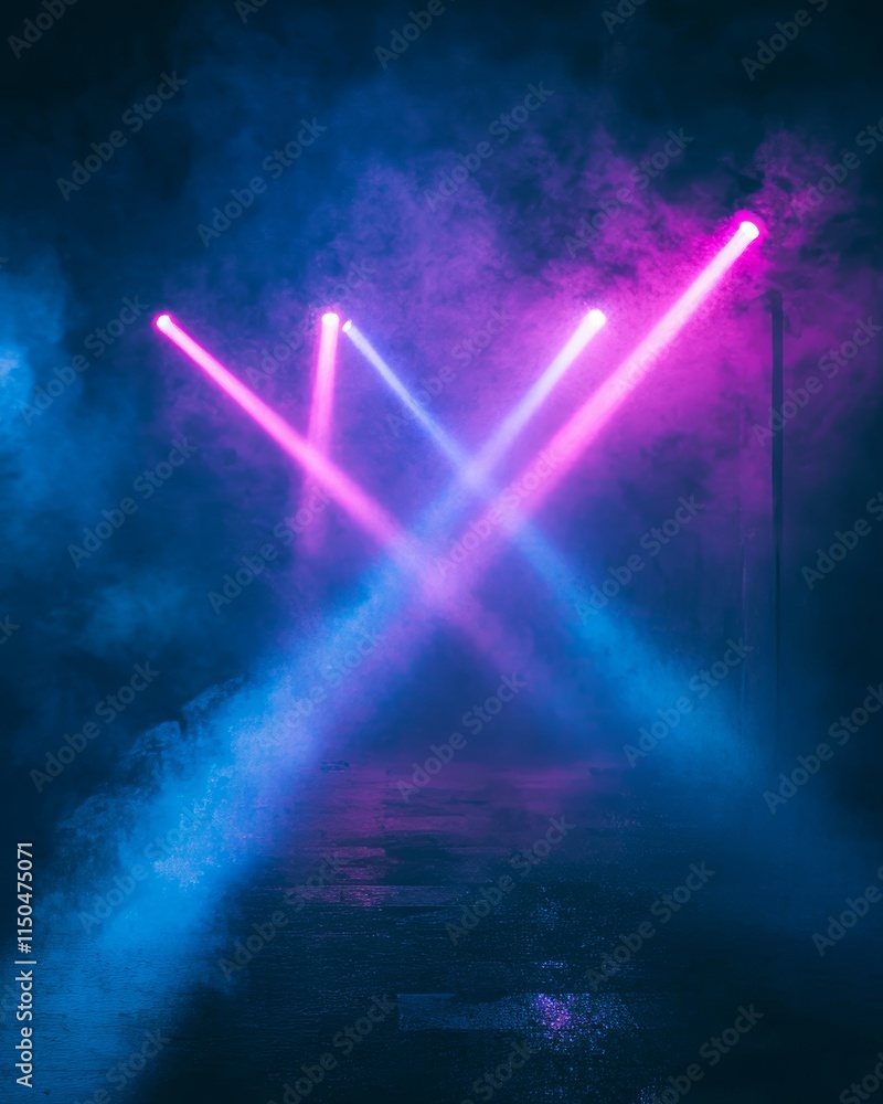 Poster colorful laser lights create an atmospheric display in a smoky environment at a nighttime event or c