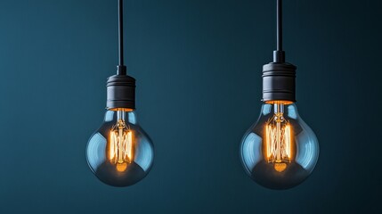 Two vintage-style light bulbs hanging against a dark blue background.