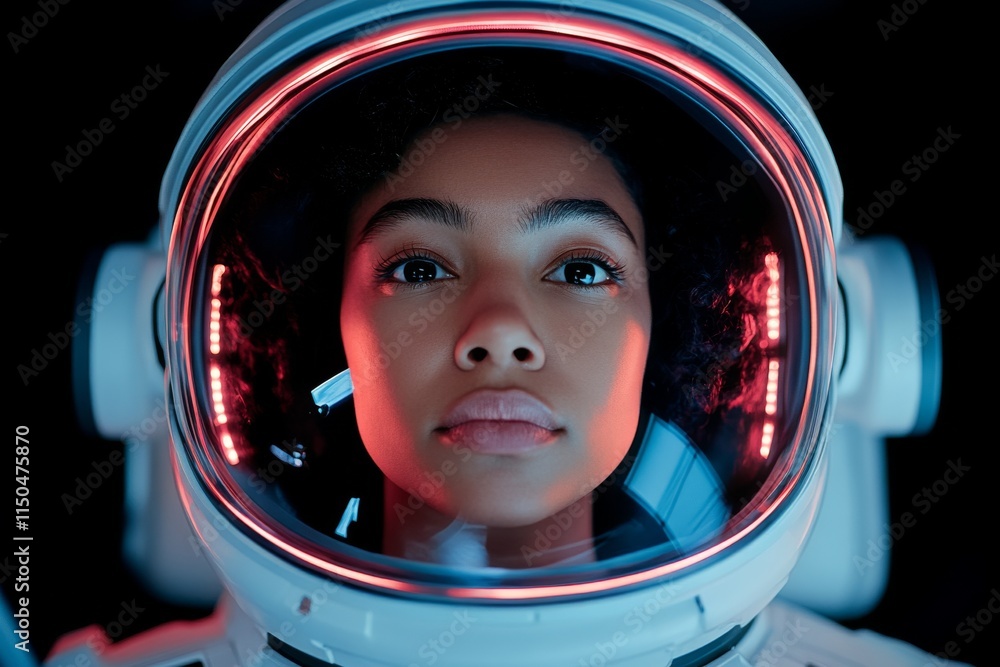 Poster exploring new frontiers with an astronaut in a futuristic space helmet illuminated in vibrant colors