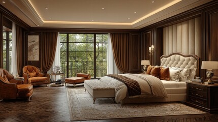 Obraz premium Elegant Modern Bedroom with Warm Tones and Large Windows