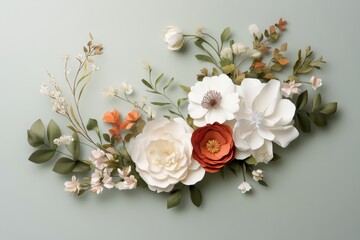 Beautifully arranged paper flowers and foliage on a soft green background showcasing intricate craftsmanship and design