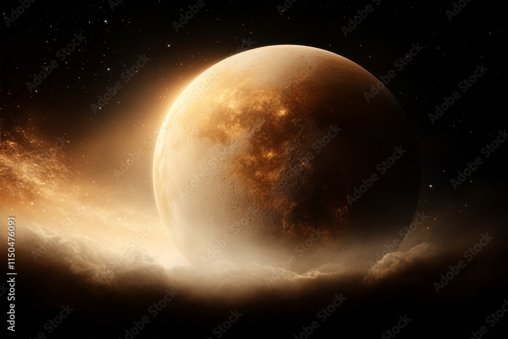 Poster celestial view of a distant planet surrounded by cosmic clouds in a starry atmosphere